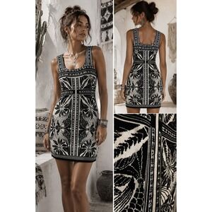 Farm Rio Black White Graphic Knit Mini Dress Tropical Jacquard Sleeveless Large
